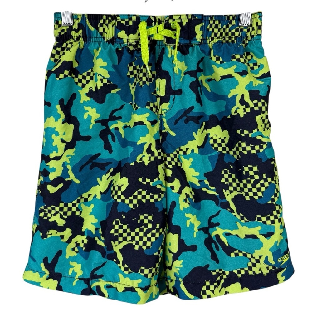 Speedo Boy's Camo Blue Neon Green Black Board Shorts Swim Trunks Size XL